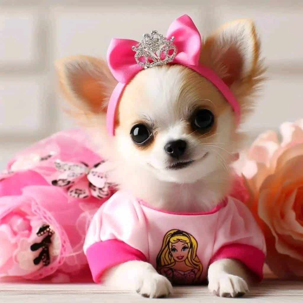 Adorable puppy wearing pink princess accessories, including a tiara and dress, perfect for a cute, playful presentation.